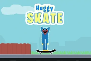 Kék szörny figura gördeszkán áll, háttérben kerítéssel és városi elemekkel, Huggy Skate felirattal