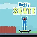 Kék szörny figura gördeszkán áll, háttérben kerítéssel és városi elemekkel, Huggy Skate felirattal
