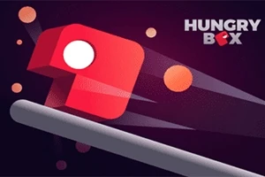 Egy piros, kocka alakú karakter lebeg a levegőben, mellette körök és a bal felső sarokban a Hungry Box szöveg látható