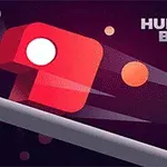 Egy piros, kocka alakú karakter lebeg a levegőben, mellette körök és a bal felső sarokban a Hungry Box szöveg látható