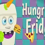 Humoros rajzfilmstílusú hűtőszekrény zöldségekkel és gyümölcsökkel, színes mozaikos háttér előtt, a Hungry Fridge felirattal