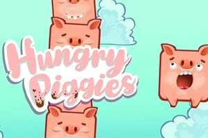 Négy kocka alakú, aranyos malac, felhők között lebegve egy világoskék háttéren, a Hungry Piggies felirattal középen