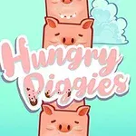 Négy kocka alakú, aranyos malac, felhők között lebegve egy világoskék háttéren, a Hungry Piggies felirattal középen