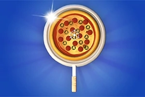 Pizza formájú nagyító kék háttér előtt