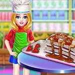 Fiatal lány szakácsruhában egy asztalnál áll, rajta tejszínes torta karamellöntettel és eperrel díszítve