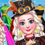 Két fiatal nő steampunk és virágos stílusú ruhákban, színes ruhák előtt állva