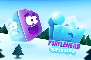 Lila fejű kocka figura havas táj előtt, fa háttérrel és a Icy Purplehead Super Slide felirat mellett
