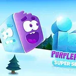 Lila fejű kocka figura havas táj előtt, fa háttérrel és a Icy Purplehead Super Slide felirat mellett