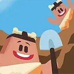 Két mosolygós, rajzfilmszerű barlanglakó figura ás egy gödörben, egyikük lapátot tart