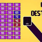 Lila és piros számkockák egy sárga háttér előtt, mellette egy sötét téglalap és a Idle Destroyer szöveg