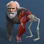 Ősz szakállú, humanoid fejű, félig gorilla, félig csontvázas, izmos testű lény egy kék háttér előtt