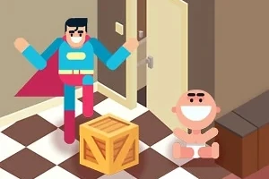 Egy rajzfilmszerű szuperhős áll a szoba padlóján, mellette egy doboz és egy mosolygó kisbaba ül
