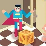 Egy rajzfilmszerű szuperhős áll a szoba padlóján, mellette egy doboz és egy mosolygó kisbaba ül