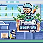 Rajzolt kép egy futurisztikus üvegházról és mosolygó figurákról, ahol növényeket termesztenek, és a központban egy Idle Food Empire Inc