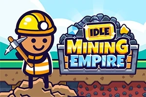 Rajzolt figura sárga sisakban és mellényben csákányt tart, mellette egy Idle Mining Empire felirat előtt szénhalom és gyémántok
