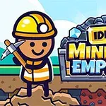 Rajzolt figura sárga sisakban és mellényben csákányt tart, mellette egy Idle Mining Empire felirat előtt szénhalom és gyémántok