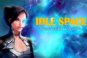 Egy futurisztikus ruhába öltözött nő kék háttér előtt, mellette a Idle Space Business Tycoon felirat