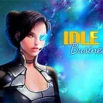 Egy futurisztikus ruhába öltözött nő kék háttér előtt, mellette a Idle Space Business Tycoon felirat