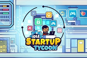 Színes kép egy rajzfilmfiguráról számítógépnél, körülötte alkalmazás ikonok lebegnek egy technológiai témájú háttér előtt, alul pedig Idle Startup Tycoon felirat látható