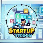 Színes kép egy rajzfilmfiguráról számítógépnél, körülötte alkalmazás ikonok lebegnek egy technológiai témájú háttér előtt, alul pedig Idle Startup Tycoon felirat látható