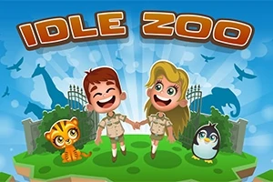 Két mosolygó gyermek áll kezét fogva, körülöttük egy kis tigriskölyök, egy pingvin, és a háttérben állatfigurák sziluettjei láthatók, az Idle Zoo felirattal fent