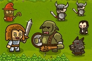 Rajzfilmszerű karakterek csoportja: kardos lovag, zöld ogrék, vörös ruhás varázsló, viking sisakos harcosok és egy vérfarkas egy zöld füves háttérrel