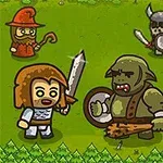 Rajzfilmszerű karakterek csoportja: kardos lovag, zöld ogrék, vörös ruhás varázsló, viking sisakos harcosok és egy vérfarkas egy zöld füves háttérrel