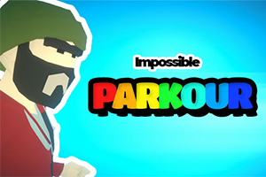 Egy rajzfilmszerű figura zöld sapkában és szakállal, bal oldalon, mellette a Impossible PARKOUR szöveg színes betűkkel kék háttéren