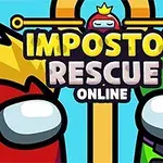 Két színes, rajzfilmszerű űrhajósfigura közelről, Impostor Rescue Online felirattal ellátott képen