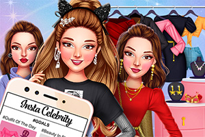 Három divatosan öltözött nő mosolyog, miközben egy okostelefon kijelzőjén megjelenik az Insta Celebrity felirat, háttérben ruhákkal és kiegészítőkkel