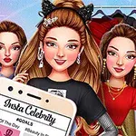 Három divatosan öltözött nő mosolyog, miközben egy okostelefon kijelzőjén megjelenik az Insta Celebrity felirat, háttérben ruhákkal és kiegészítőkkel
