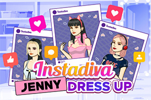 Három rajzolt karakter látható Instagram-stílusú keretben, színes hátterekkel és ikonokkal, egy Instadiva Jenny Dress Up felirattal
