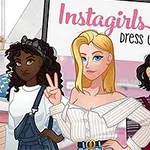 Három animált lány különböző stílusú ruhákban pózol egy Instagirls Dress Up feliratú tábla előtt, rózsaszín háttérrel