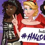 Három jelmezbe öltözött rajzfilmfigura halloween témában, egy csontvázlábas, egy ördögszarvas és egy lila ruhás karddal