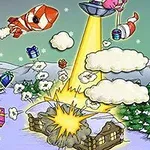 Karácsonyi jelenet hófedte tájjal, repülő tárgyakkal, egy UFO foglyul ejt egy ajándékot, és egy robbanás egy faházat ér