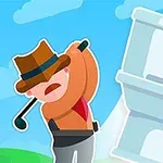 Rajzolt figura golfozik egy hatalmas WC előtt, háttérben kék ég és zöld fű