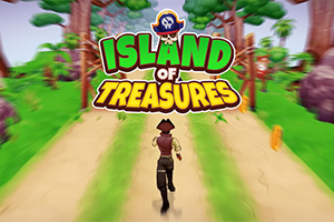 Egy kalóz jelmezbe öltözött figura fut egy zöld sziget ösvényén, ahol fák és sziklák találhatók, a háttérben a Island of Treasures felirat látható