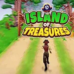 Egy kalóz jelmezbe öltözött figura fut egy zöld sziget ösvényén, ahol fák és sziklák találhatók, a háttérben a Island of Treasures felirat látható