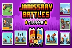 Két rajzfilmszerű katona pixelgrafikával ábrázolva, a középpontban egy VS felirat áll, körülöttük különböző harci jelenetek kis képeken