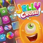 Színes zselés cukorkák sorakoznak egy játék képernyőjén, egy mosolygós narancssárga karakterrel és a Jelly Crush felirattal