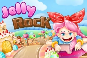 Rózsaszín hajú figura nagy piros masnival és mosollyal, cukorkával és édességekkel díszített táj háttérben, valamint a Jelly Rock szöveg