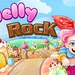 Rózsaszín hajú figura nagy piros masnival és mosollyal, cukorkával és édességekkel díszített táj háttérben, valamint a Jelly Rock szöveg