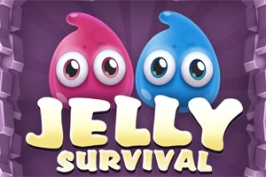 Két színes, szemekkel rendelkező zselészerű figura látható lila háttér előtt, a kép alján Jelly Survival felirattal