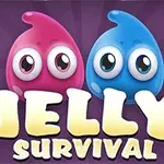 Két színes, szemekkel rendelkező zselészerű figura látható lila háttér előtt, a kép alján Jelly Survival felirattal