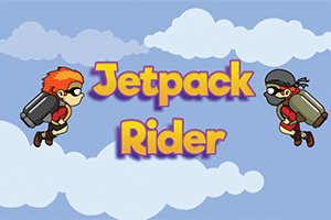 Két rajzfilmfigura jetpack-kel repül a kék égbolton, a középen pedig a Jetpack Rider felirat látható