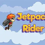 Két rajzfilmfigura jetpack-kel repül a kék égbolton, a középen pedig a Jetpack Rider felirat látható