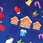 Karácsonyi témájú kép kék háttérrel, amelyen mézeskalács házikók, ajándékdobozok, cukorkák, hóember, csengő, és piros kesztyű látható