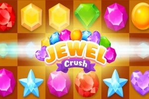 Színes, különböző alakú drágakövek és csillagok sorokba rendezve, középen Jewel Crush felirattal
