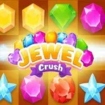 Színes, különböző alakú drágakövek és csillagok sorokba rendezve, középen Jewel Crush felirattal