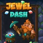 Rajzolt bányász figura egy csillogó drágakövekkel teli szekér mellett, “Jewel Dash” felirattal a háttérben